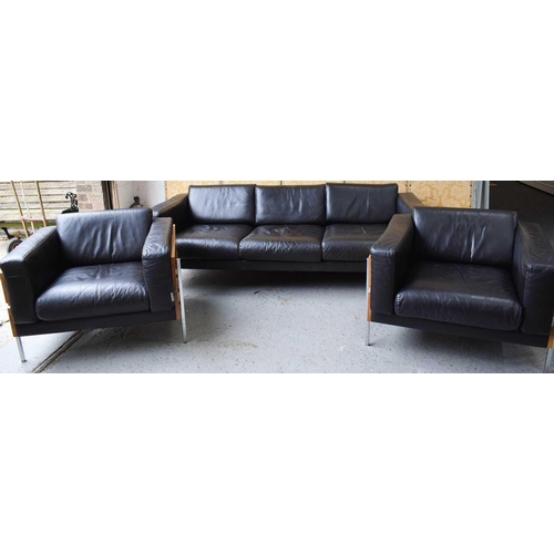 170 - A Habitat brown leather chrome and wood three piece suite, 204cm long by 80cm depth by 67cm high.