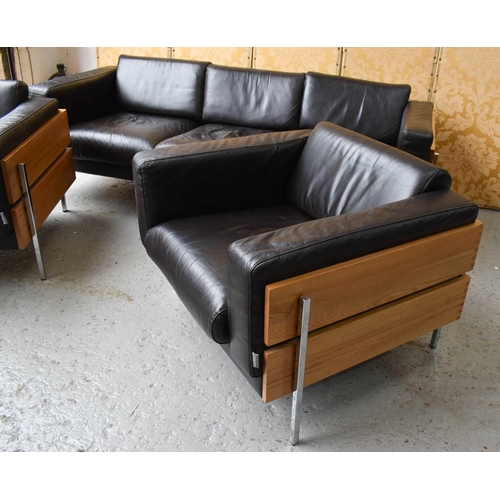 170 - A Habitat brown leather chrome and wood three piece suite, 204cm long by 80cm depth by 67cm high.