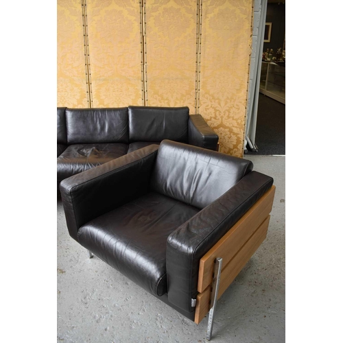 170 - A Habitat brown leather chrome and wood three piece suite, 204cm long by 80cm depth by 67cm high.