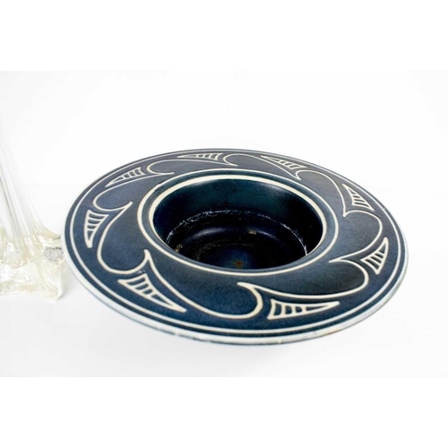 23 - A Langley Pottery bowl, in dark blue and white, together with a tall Mid-Century glass stem vase, 40... 