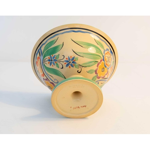 26 - A Wedgwood creamware pedestal bowl, circa 1920s, hand painted with floral groups to the outside, bla... 