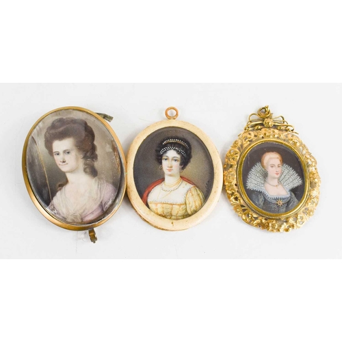 339 - A group of three portrait miniatures comprising an 18th century example of a lady in a lilac dress c... 