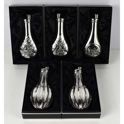 349 - A group of five James Dixon & Sons large Cornish pewter flasks, in various styles to include Basket ... 