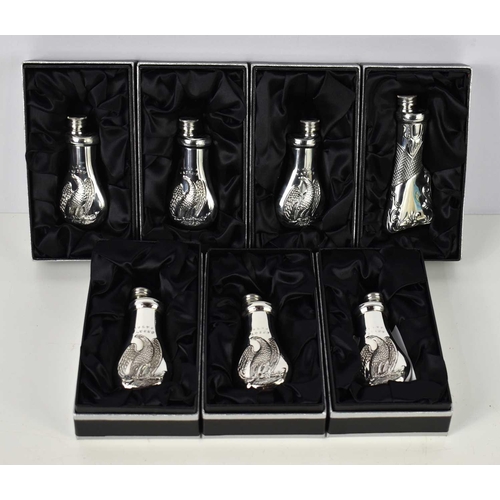 351 - A group of seven James Dixon & Sons small Cornish pewter flasks, in various styles to include Colts ... 