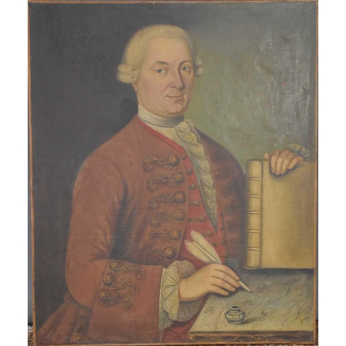 462 - An 18th century French School oil on canvas, portrait of a gentleman holding book and quill, unsigne... 