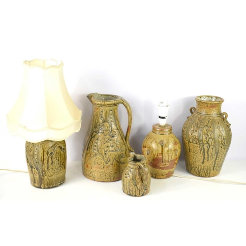 63 - David Melville (contemporary) A group of studio to include two table lamps, a vase and two jug with ... 