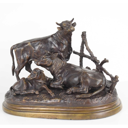 108 - After Jules Moignez (French 1835-1884): a bronze figure group of a bull, cow and calf, signed to the... 