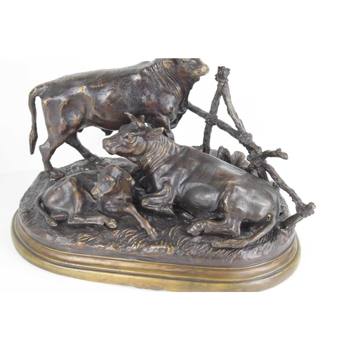 108 - After Jules Moignez (French 1835-1884): a bronze figure group of a bull, cow and calf, signed to the... 