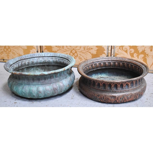 117 - A similar pair of 19th century Italian style copper wine coolers, one with a green patination and ho... 