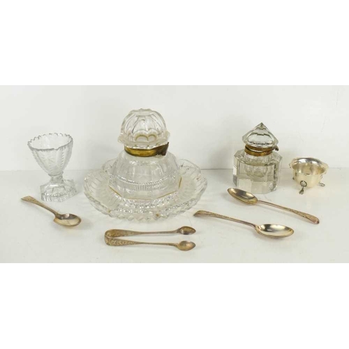 121 - A group of silver and glassware, to include two Victorian cut glass inkwells, toasting cup, silver s... 