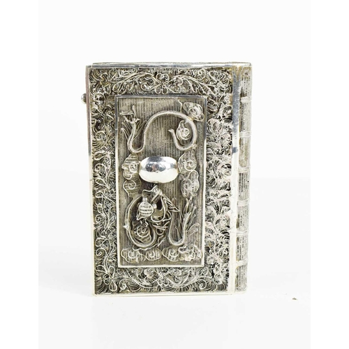 133 - A 19th century Chinese silver filigree card case, the centre depicting a dragon and flaming pearl, 8... 