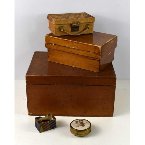 138 - Two vintage wooden boxes together with a small leather jewellery box, a brass trinket box and a Coro... 