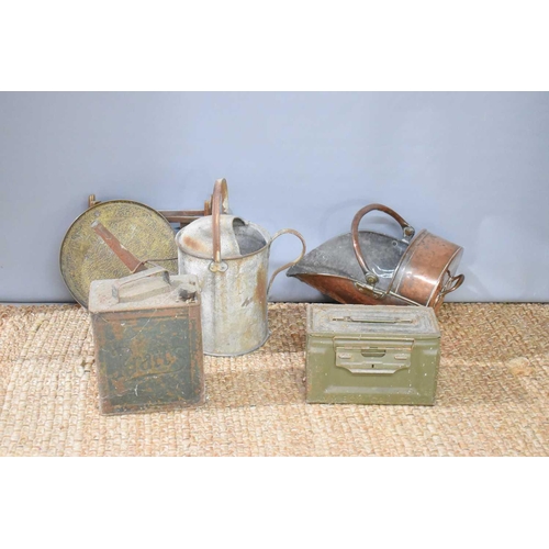 139 - A vintage Pratts fuel can together with a copper coal scuttle, galvanised watering can, ammo box and... 