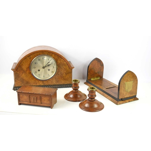 141 - A 1950s walnut veneered mantle clock, the dial signed Pearce & Sons Leicester together with two waln... 