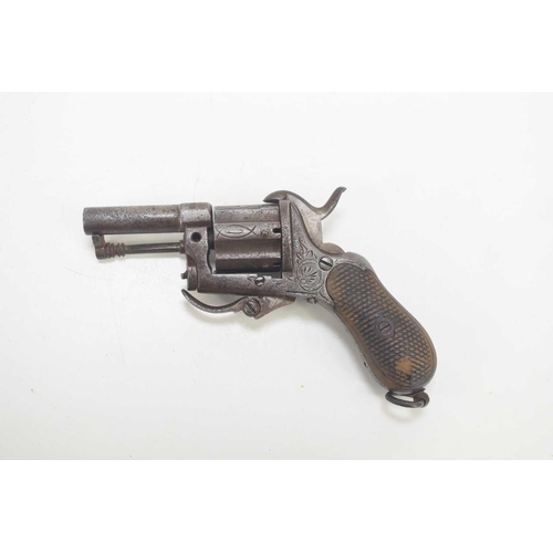 15 - A 19th century Belgian six shot pinfire revolver, engraved with floral scrolls, 5cm barrel length, l... 