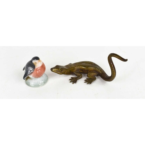 152 - A bronze figure of a salamander or lizard together with a Royal Copenhagen porcelain robin.