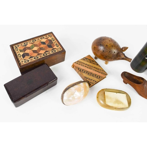 154 - A selection of antique boxes and collectables to include snuff boxes, Tunbridge Ware vesta case, and... 