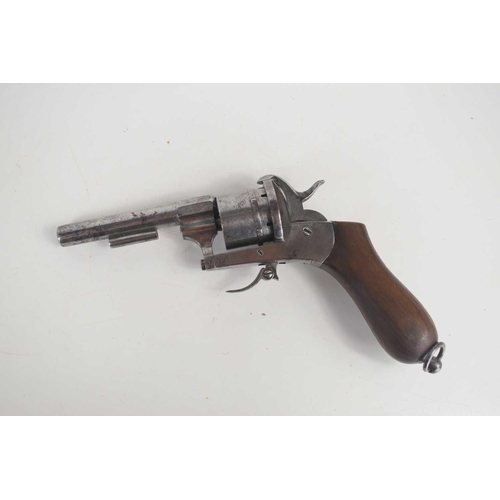 17 - An early 20th century Belgian six shot pinfire revolver, ELG proof marks, shaped wooden grip, lanyar... 