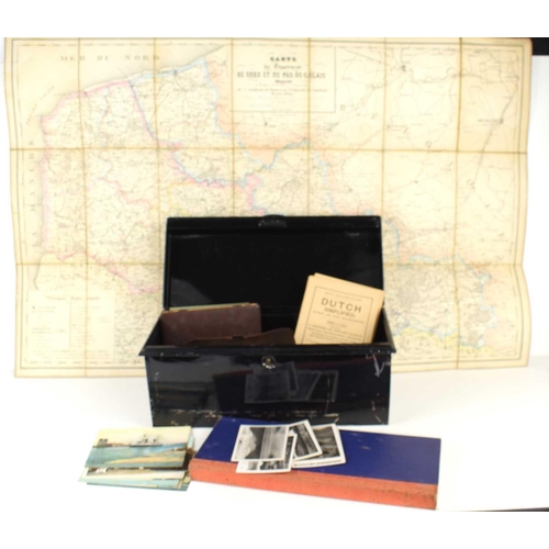170 - An antique metal deed box with the original key together with an early 20th century map of France, v... 