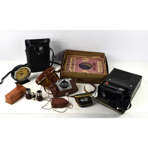 171 - A group of collectable items to include a quantity of 78rpm records, binoculars, Hanimex light meter... 