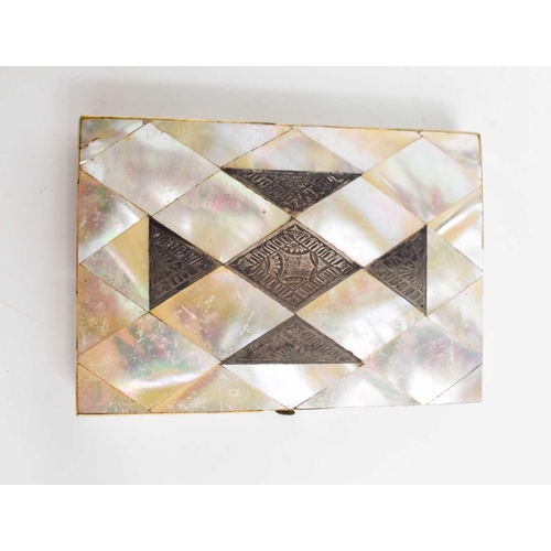 226 - A 19th century mother of pearl card case, with engraved silver to the top, the central silver diamon... 