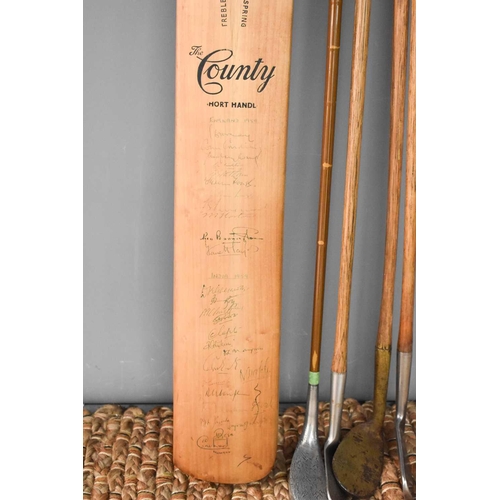 250 - A signed cricket bat signed by the England 1959 and India 1959 team, together with vintage golf club... 