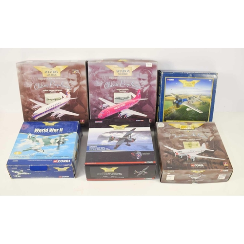 284 - Six Corgi Aviation diecast models to include a P-51 Mustang, P-47D Thunderbolt, Vickers Vicount, Wes... 