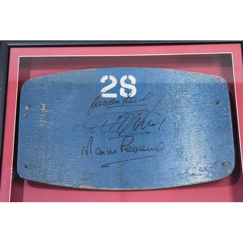 315 - An original 1966 seat back from Wembley National Stadium, seat number 28, signed by Gordon Banks, Je... 