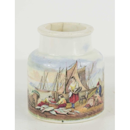 352 - A 19th century Prattware jar depicting a fishing harbour scene, 8cm high.