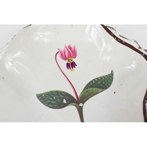 376 - A Leeds Creamware bowl, depicting Dogs Tooth Violet, titled underneath in puce, 22cm wide.