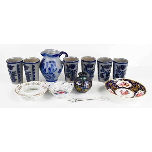 385 - A group of ceramics and glass, comprising a group of six West German pottery beakers, pottery jug, a... 