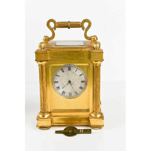 458 - A 19th century gilt bronze Payne of London carriage clock, the silvered Roman numeral dial decorated... 