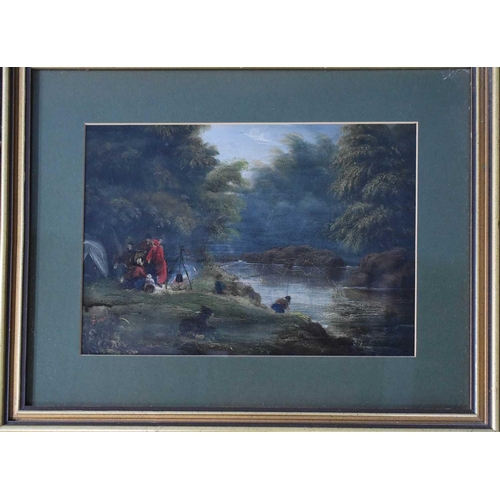 469 - A 19th century oil on board depicting figures cooking beside a river, 19 by 26cm.