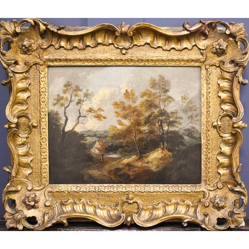 497 - Circle of Gainsborough, 19th century, cottage with figures in wooded landscape, oil on canvas, 27 by... 