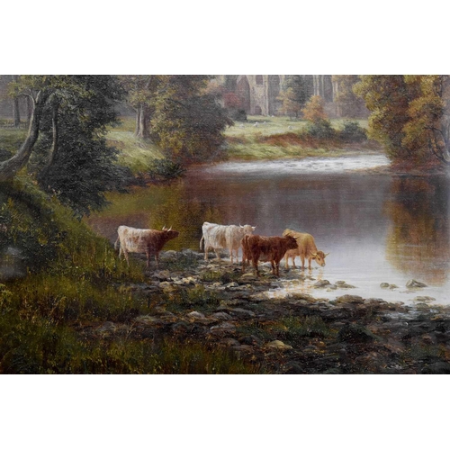 499 - Attributed to William Mellor (1851-1931): Bolton Abbey, viewed from the river with cattle in the for... 