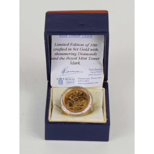 50 - A gold half sovereign set in a 9ct gold ring, the ring inset with diamonds, limited edition of 100, ... 