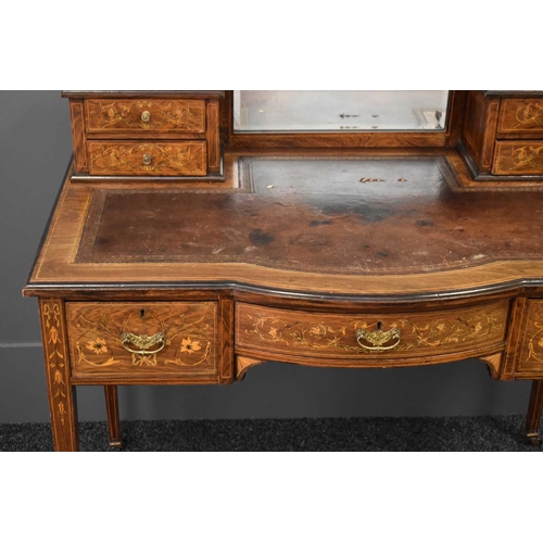 547 - A 19th century rosewood marquetry Bonheur de Jour, the raised back having a galleried rail and bevel... 