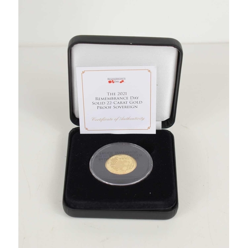 55 - A Jubilee Mint 2021 Remembrance Day 22ct Gold Proof Sovereign, with certificate and case.