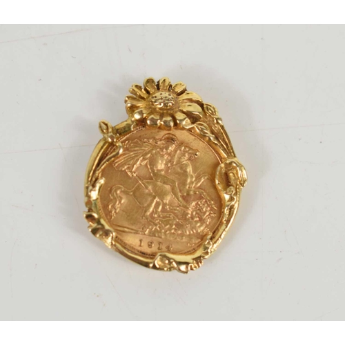 68 - A George V gold half sovereign, dated 1914, with 9ct gold Art Nouveau floral mount, total weight 6.7... 