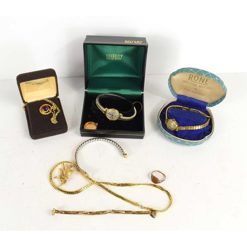 74 - A quantity of vintage jewellery and watches to include a Rotary watch, gold plated bracelet, necklac... 