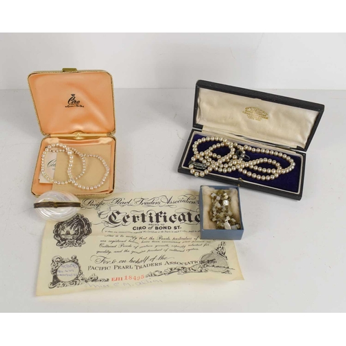 75 - A Ciro of Bond Street cultured pearl necklace with original box and certificate together with a moth... 