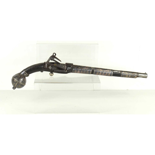 9 - A 19th century Turkish flintlock pistol, the steel barrel overlaid with decorated silvered panels, w... 