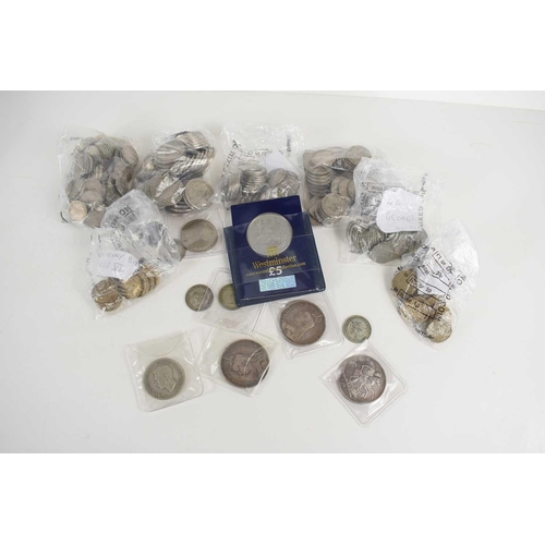 93 - A collection of silver and later coinage, including three Victorian silver crowns for 1889, 1890 and... 