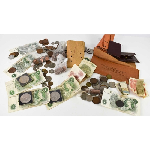 96 - A selection of coins & bank notes, to include commemorative coins, Victorian pennies, and eight One ... 