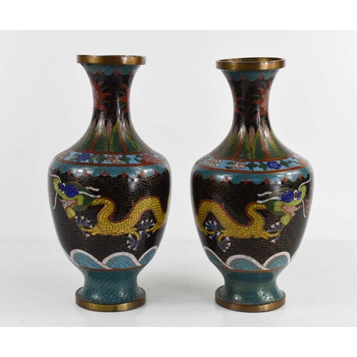 12 - A pair of Chinese cloisonne vase, bases unsigned, 23cm high.