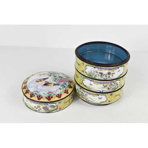 130 - A Chinese cloisonne stacking box or jar and cover the cylindrical form of four sections, having whit... 