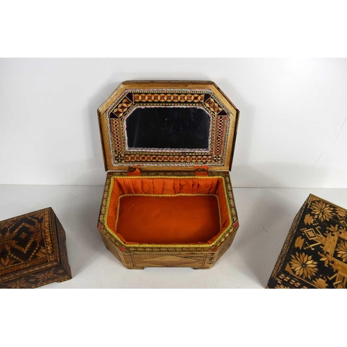 152 - A 19th century decorative straw work sewing box, with coloured marquetry work depicting flowers and ... 