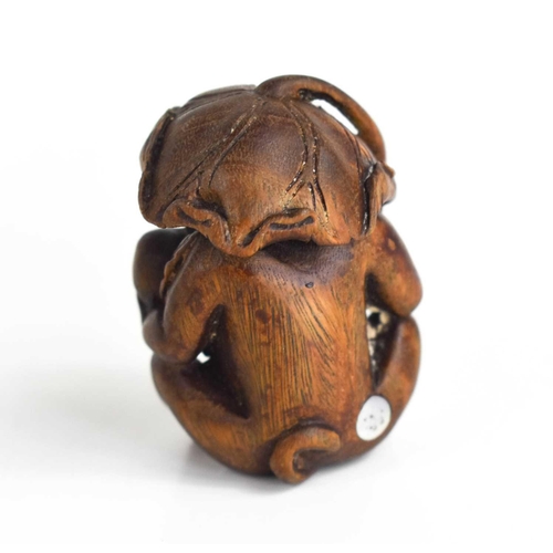 156 - A Japanese carved wooden netsuke of a monkey sheltering under a leaf, with glass eyes and signed mot... 