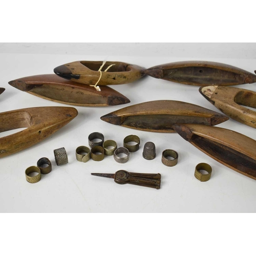 172 - A group of 19th century Chinese sewing / loom accessories, to include metal thimbles, a pair of Chin... 