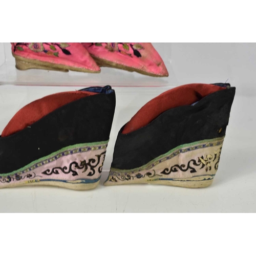 189 - A pair of Chinese boys celebratory boots, hand embroidered, together with three pairs of Chinese 19t... 